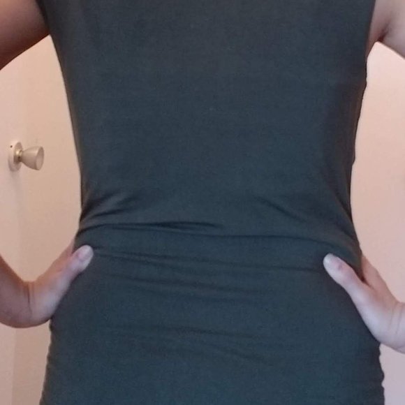 SUNG - Size Small Olive Green Ruched Cowl Neck Top - Picture 3 of 5